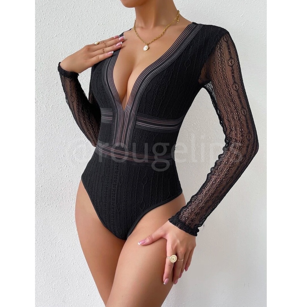 Black Lace Bodysuit Cut Out Back V-Neck Long Sleeve - Picture 3 of 13